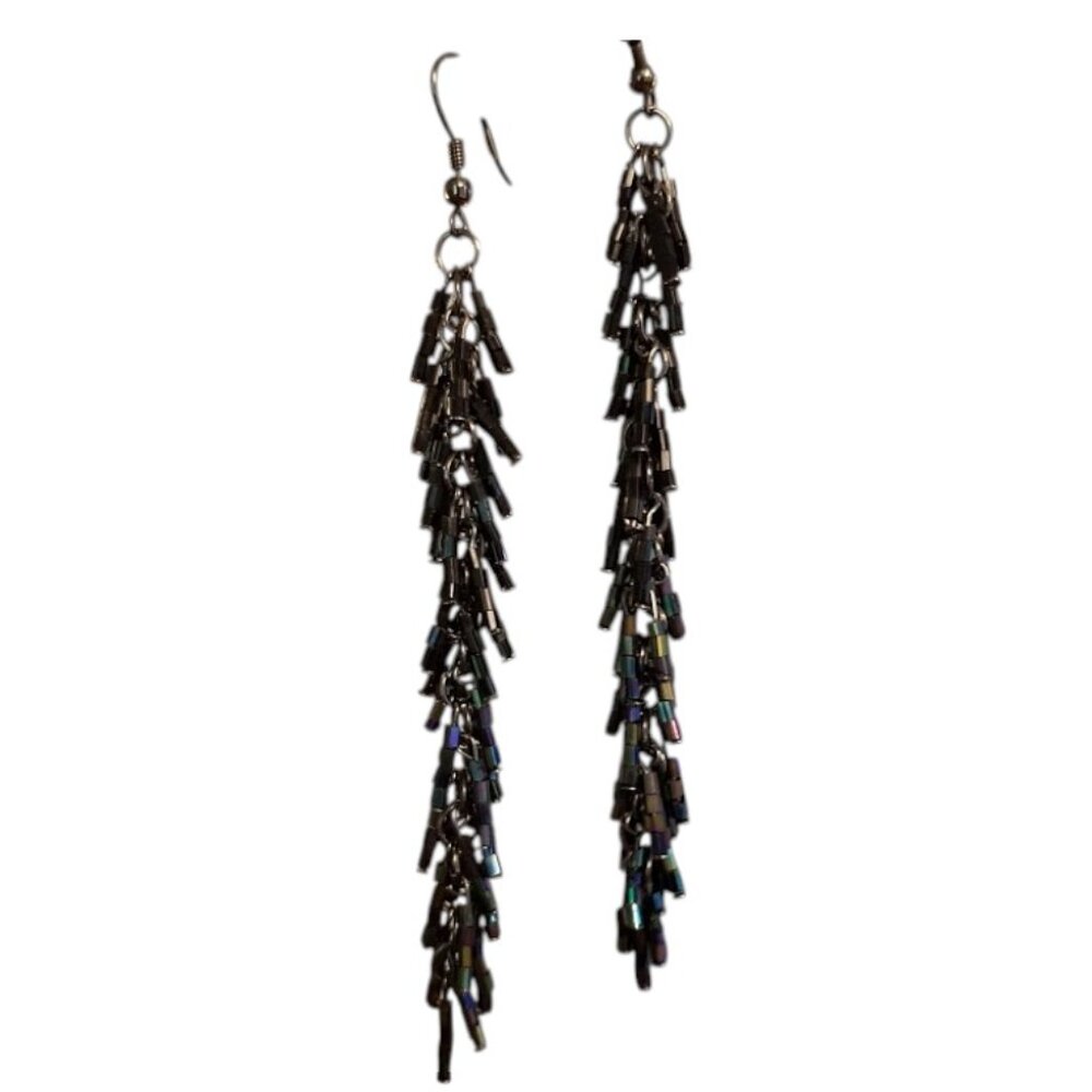 Seed Bead Fringe Dangle Earrings Blue Green Lilac Purple Black Iridescent Hook